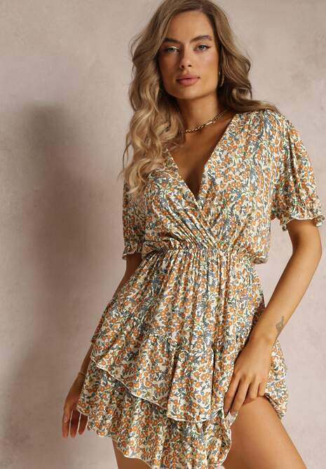 Żółto-Zielona Sukienka Mini z Gumką w Pasie i Kopertowym Dekoltem z Wiskozy Littlestar