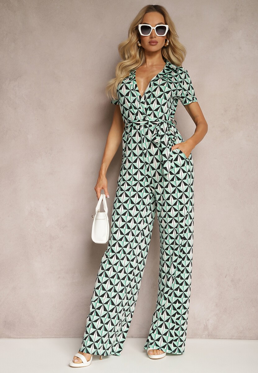 Czarno-Beżowy Długi Kombinezon Wiązany w Pasie z Kopertowym Dekoltem w Mozaikowy Wzór Maellias