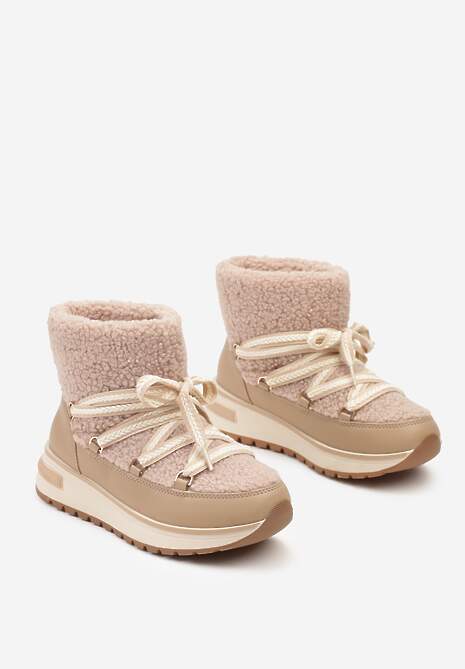 Ciemnobeżowe Futrzane Śniegowce ze Sznurowaniem Temivin