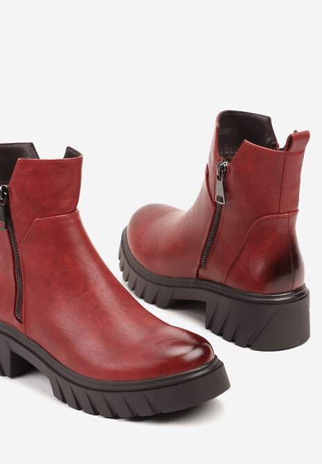 Czerwone Botki do Kostki z Suwakiem na Grubej Podeszwie z Tłoczeniami Redvira