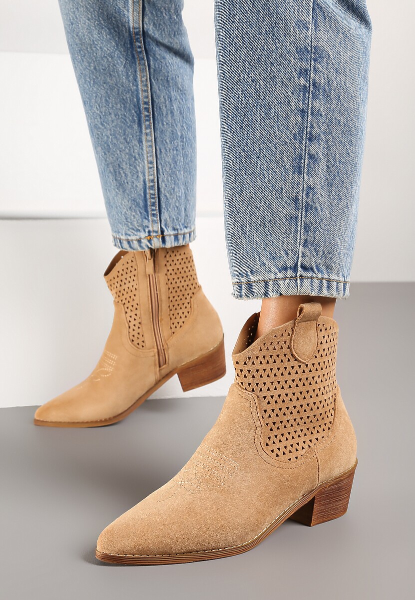 Ciemnobeżowe Botki Kowbojki Vices na Słupku z Ażurową Cholewką Elfedi