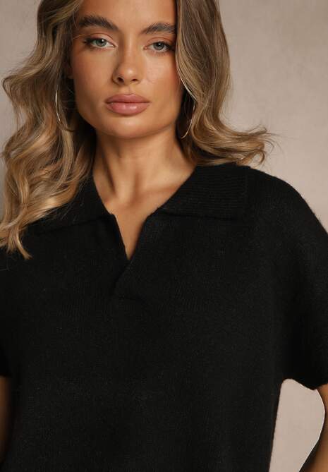 Czarny Sweter z Wełną z Krótkim Rękawem i Dekoltem V z Kołnierzem Tevirna