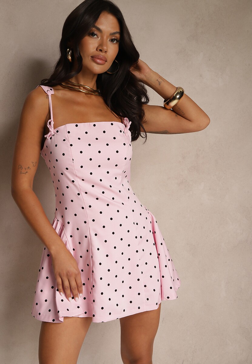 Beżowa Rozkloszowana Sukienka Vices w Kropki na Ramiączkach z Gorsetowym Wiązaniem Sarione