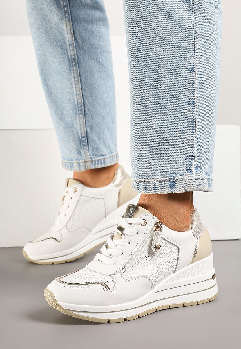 Białe Metaliczne Sneakersy ze Skóry Naturalnej na Koturnie z Ozdobnym Suwakiem Tarivone