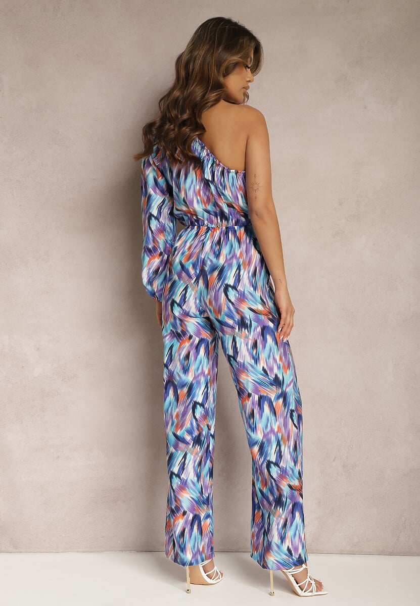 Niebieski Asymetryczny Kombinezon na Jedno Ramię z Długimi Nogawkami Ovaltia