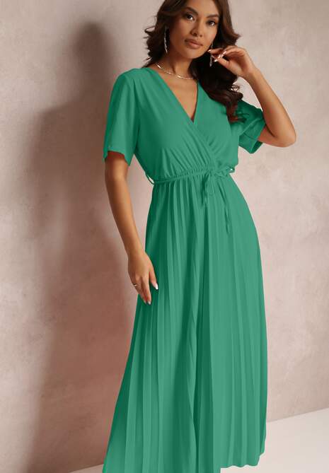 Zielona Rozkloszowana Sukienka Plisowana z Wiązanym Paskiem Eilemona