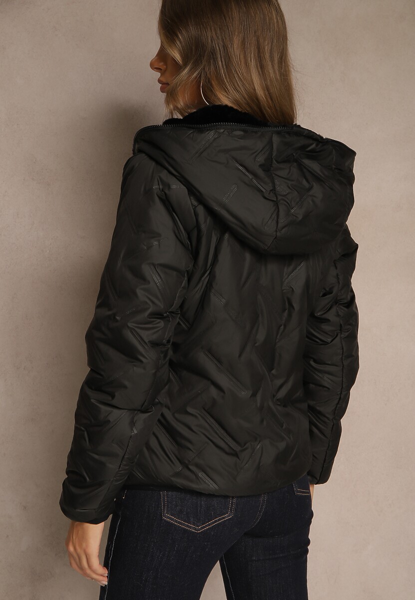 Czarna Dwustronna Kurtka z Pikowanymi Przeszyciami i Kapturem Tianessa