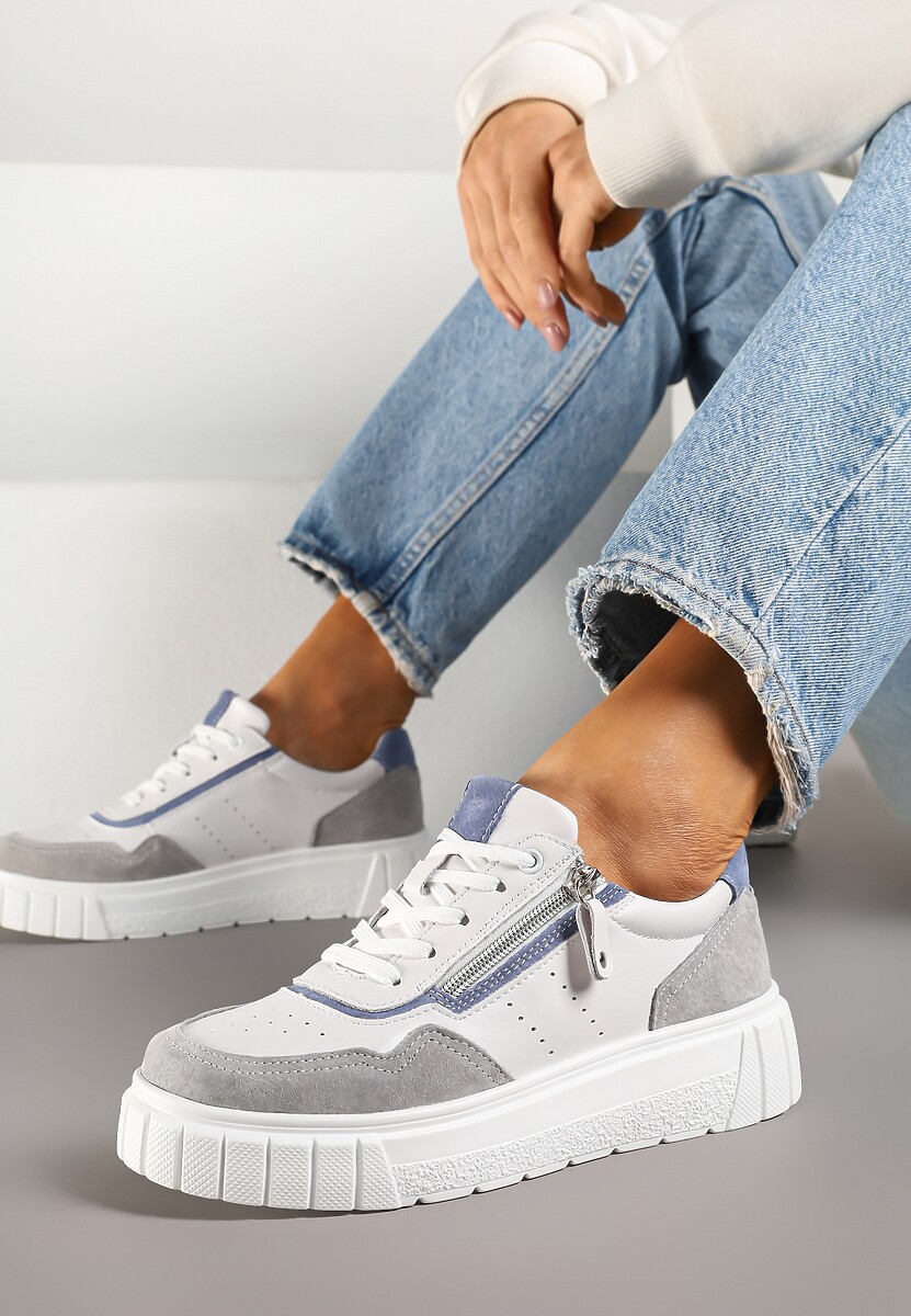 Biało-Zielone Sneakersy ze Skóry Naturalnej z Ozdobnym Suwakiem Tilliraya