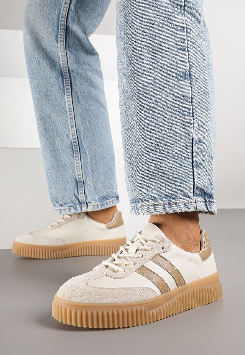 Beżowo-Brązowe Zamszowe Sneakersy w Stylu Kultowych Tenisówek ze Skórzaną Wkładką Tenannia