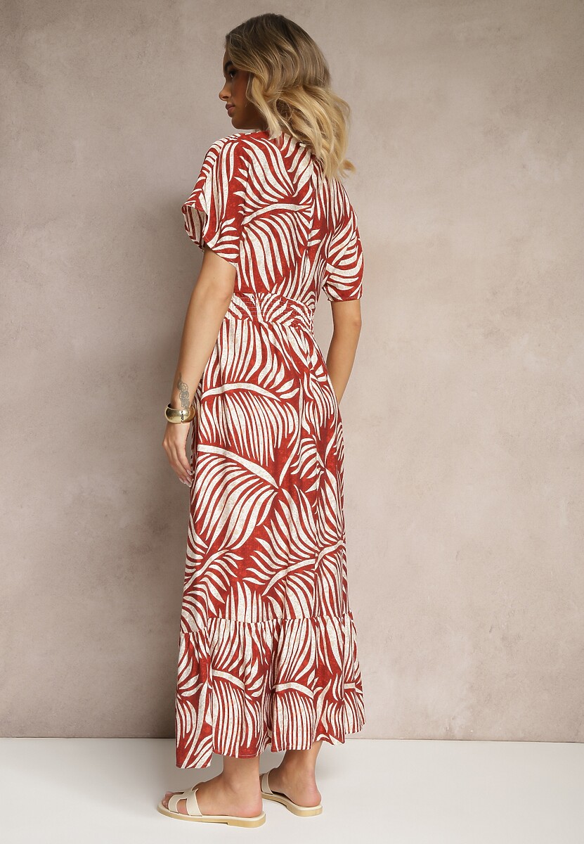 Czerwona Sukienka Wiskozowa o Rozkloszowanym Kroju w Liściasty Wzór Beledia