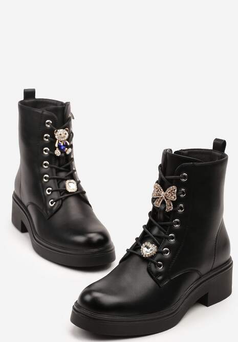 Czarne Botki Workery ze Sznurowaniem Ozdobionym Aplikacjami z Cyrkoniami Linnara