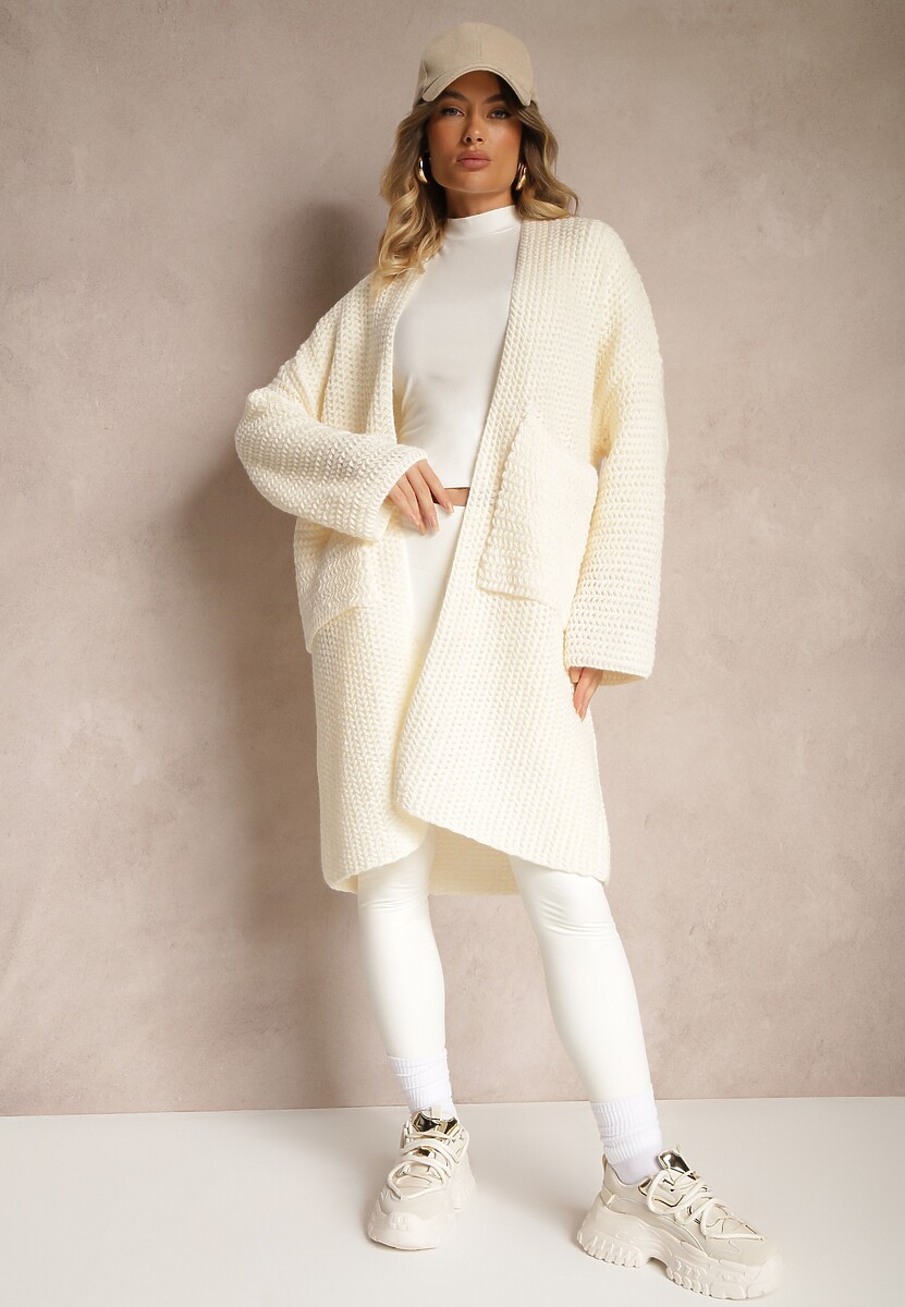 Jasnobeżowy Kardigan Bez Zapięć Zdobiony Luźnym Splotem i Wsuwanymi Kieszeniami Calineth