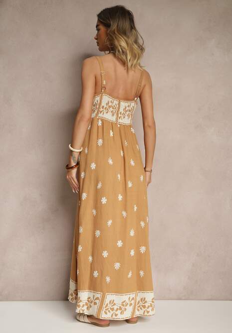 Brązowa Sukienka z Wiskozy Ozdobiona Geometrycznym Motywem Lunessa