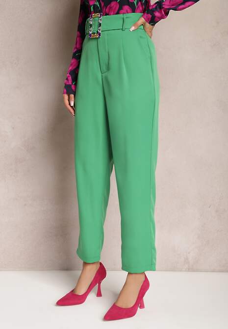 Zielone Spodnie Cygaretki z Wysokim Stanem i Materiałowym Paskiem z Cyrkoniami Marintta