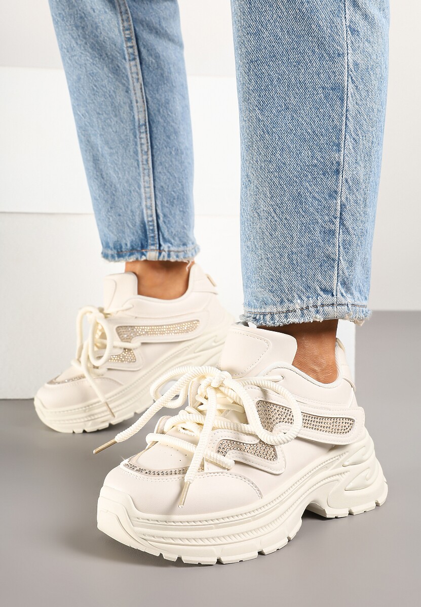 Beżowe Sneakersy na Platformie z Grubymi Sznurówkami Kilanne