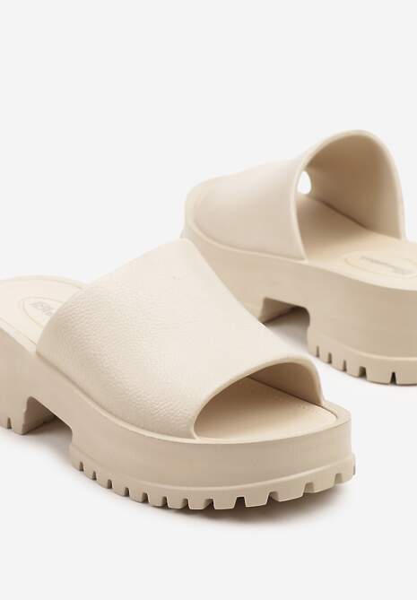 Beżowe Klapki na Platformie i Słupku z Tłoczeniem Nimiorelle