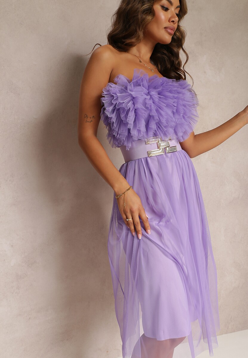 Fioletowa Tiulowa Sukienka bez Ramiączek z Falbankami Tremone