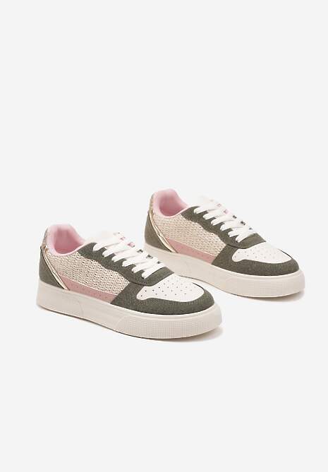Beżowo-Zielone Sneakersy na Platformie Ozdobione Plecionką Perforacją i Brokatem Tulreia