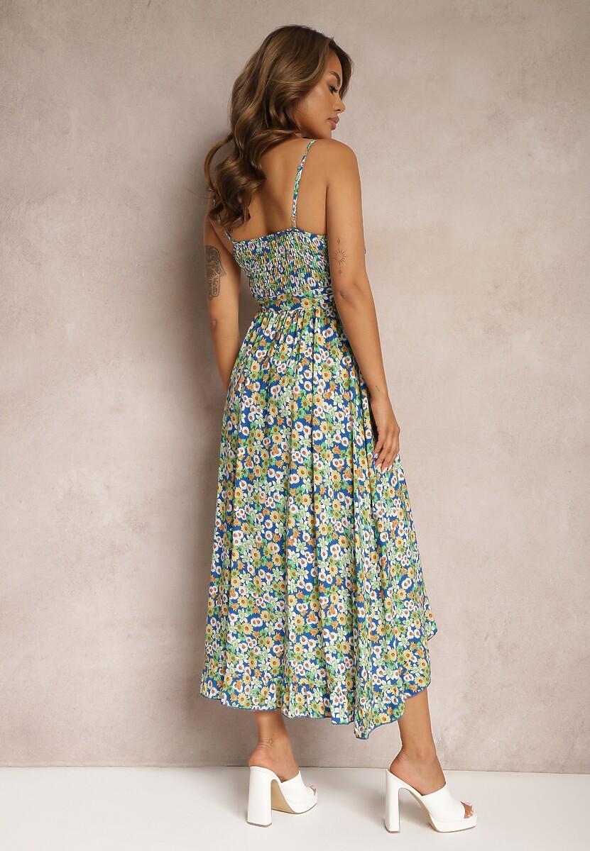 Granatowo-Zielona Sukienka z Bawełny na Ramiączkach z Asymetrycznym Rozcięciem i Dekoltem w Serek Milloa