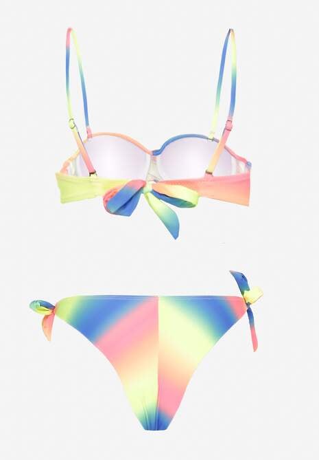 Niebiesko-Żółte Bikini Majtki Typu Figi i Biustonosz z Marszczeniem w Geometryczny Wzór Kinnira