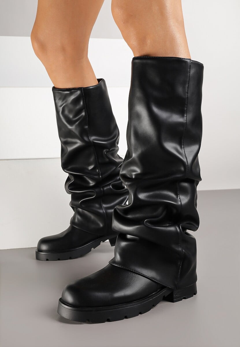 Brązowe Marszczone Kozaki z Cholewką Imitującą Nogawkę Nalomassa