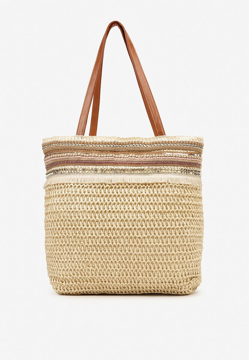 Beżowa Pleciona Duża Torebka Ozdobiona Frędzlami Rivarasia