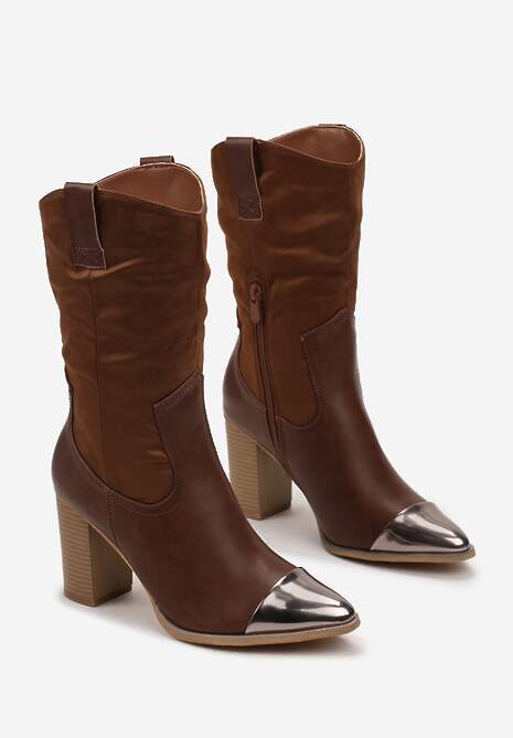 Brązowe Botki Kowbojki na Obcasie z Metalicznym Noskiem w Szpic Cascatha