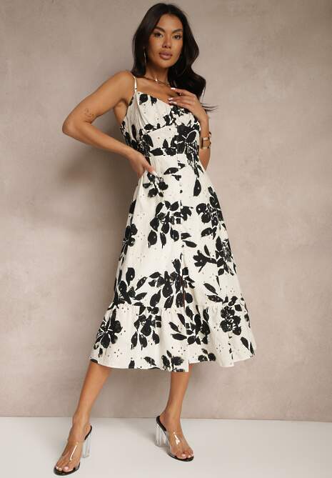 Czarna Rozkloszowana Sukienka na Ramiączkach z Ażurowej Tkaniny z Bawełny Nitira