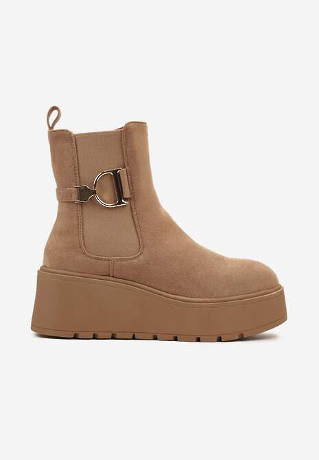 Brązowe Botki Sztyblety na Platformie Wykończone Metaliczną Klamrą Vliteia