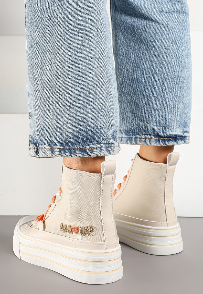 Beżowe Trampki z Cholewką za Kostkę i Kontrastowym Sznurowaniem Rivloti