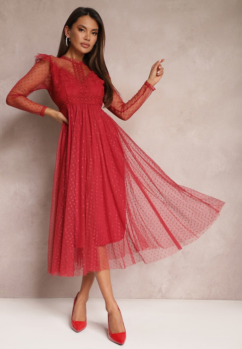 Bordowa Sukienka z Koronką i Tiulem Welvia