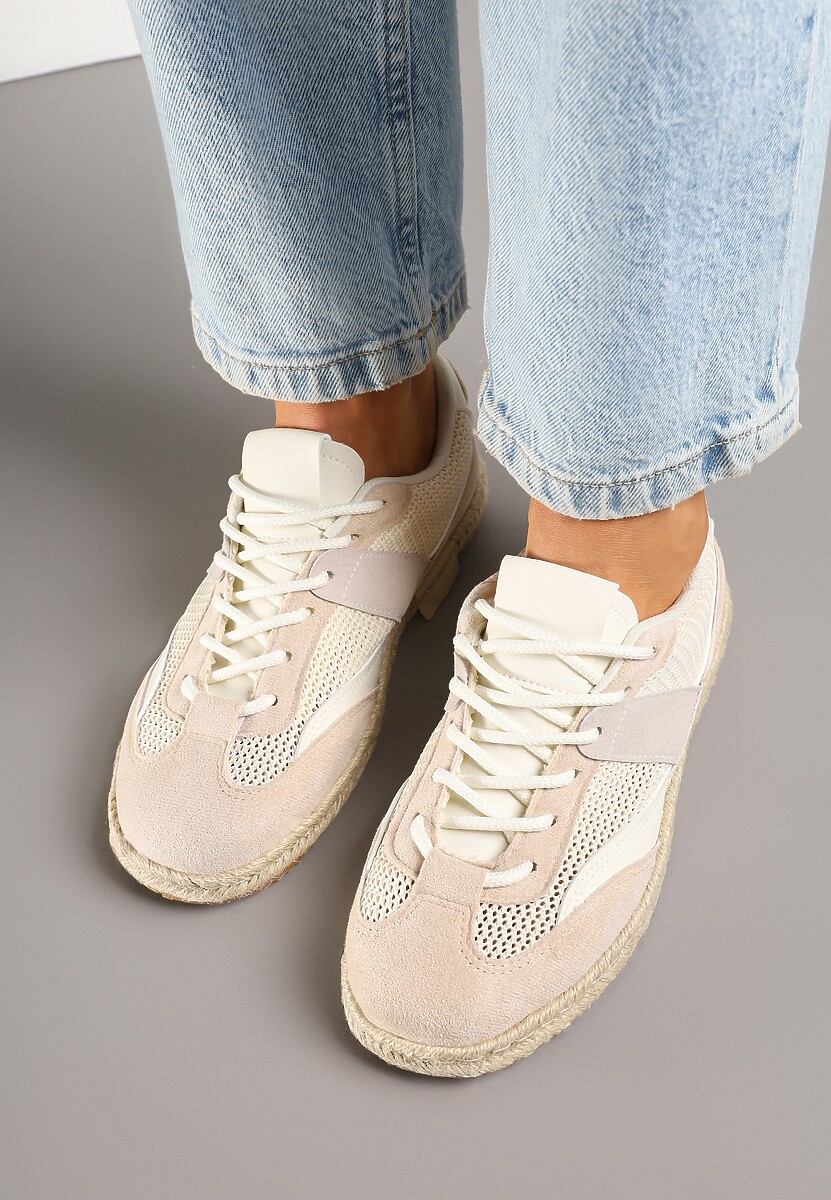 Beżowe Sneakersy Typu Kultowe Tenisówki Zdobione Przeszyciami Grelloti