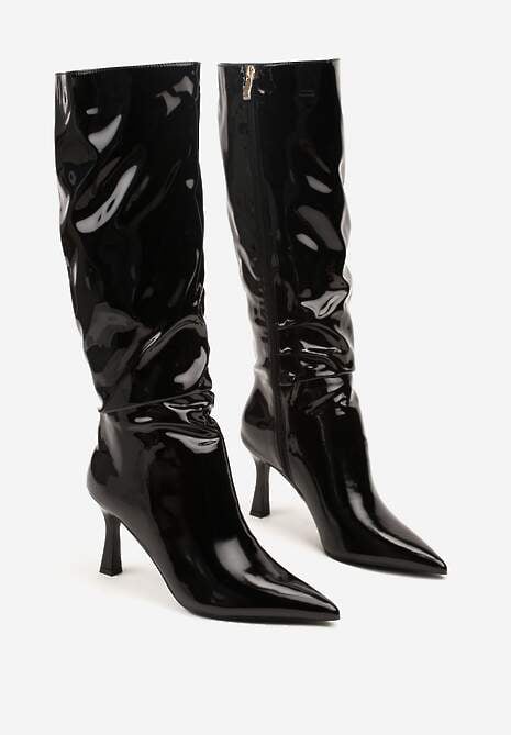 Czarne Kozaki na Szpilce ze Szpiczastym Noskiem i Lakierowanym Połyskiem Nalireia