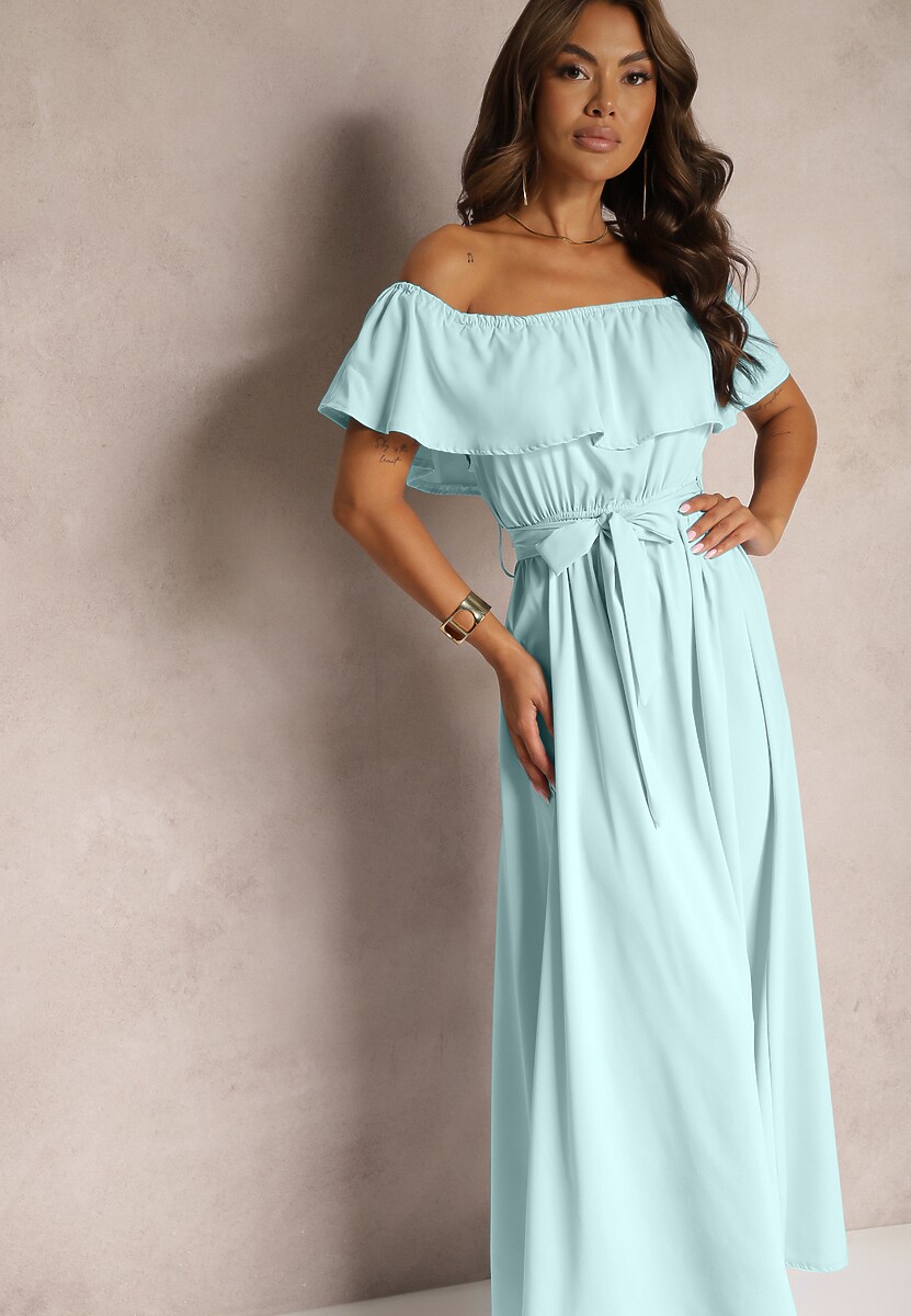 Miętowa Sukienka z Hiszpańskim Dekoltem i Dodatkiem Bawełny z Gumką i Paskiem w Talii Vimasine