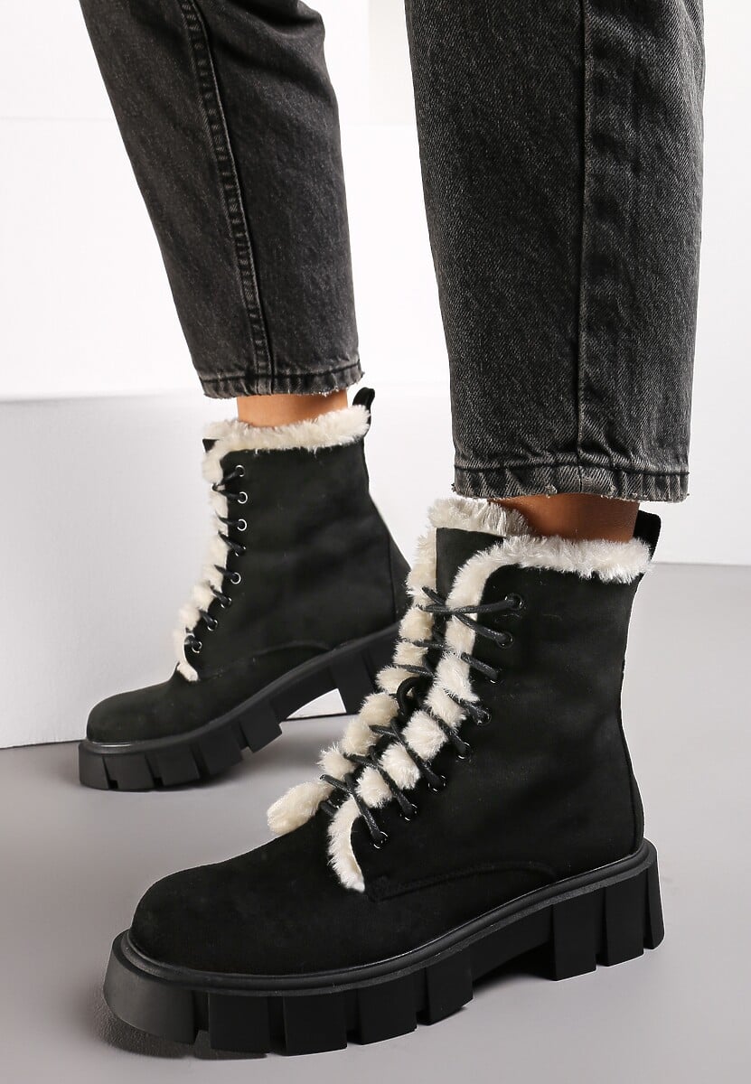 Czarne Traperki Workery z Futerkiem na Grubej Podeszwie Dathi