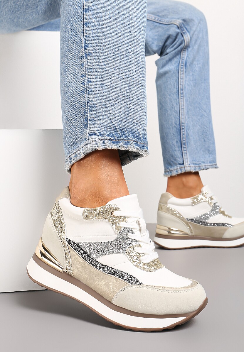 Szaro-Różowe Brokatowe Sneakersy na Ukrytym Koturnie Zophiela
