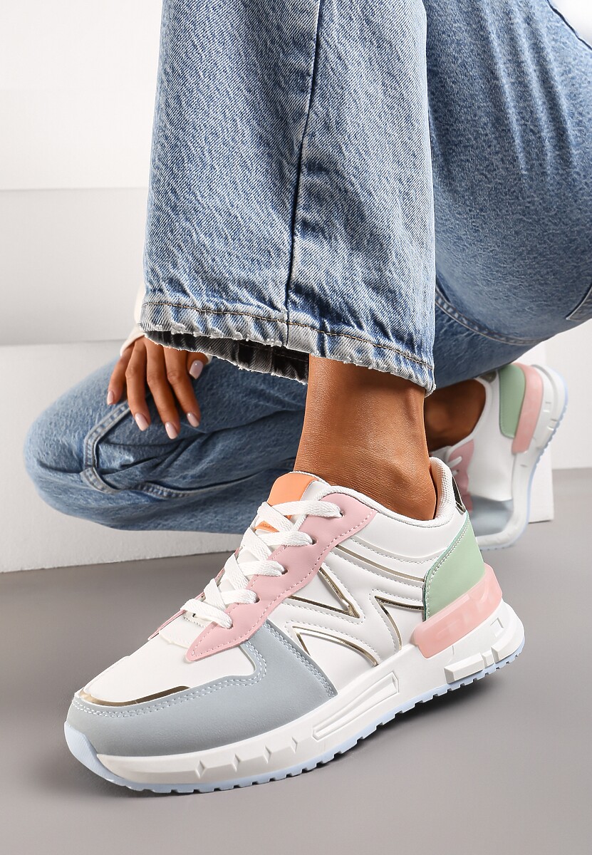Biało-Niebieskie Płaskie Sneakersy ze Sznurowaniem z Metalicznymi Wstawkami Remarie