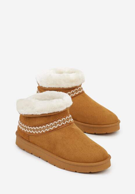 Brązowe Rustykalne Śniegowce z Imitacji Zamszu z Haftem i Futerkiem Zetilda