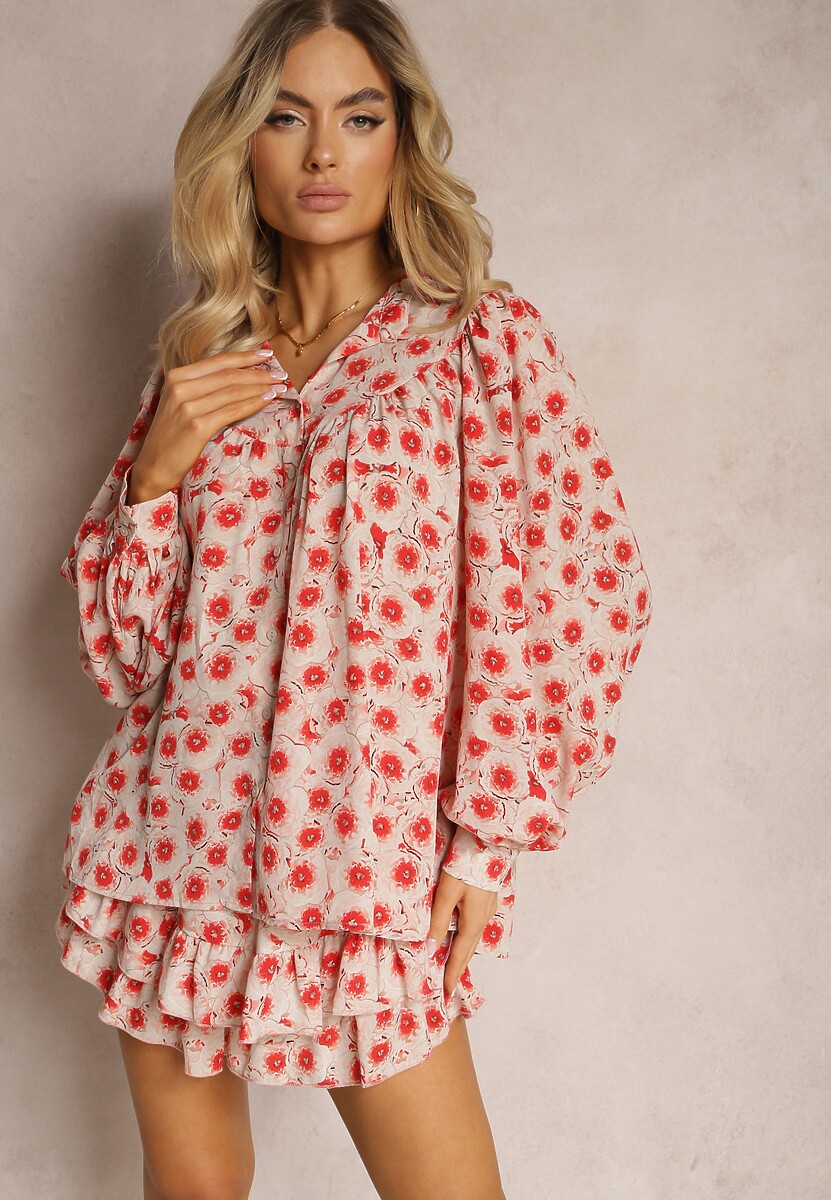 Beżowo-Czerwone Spódnico-Szorty High Waist z Falbankami Gavira