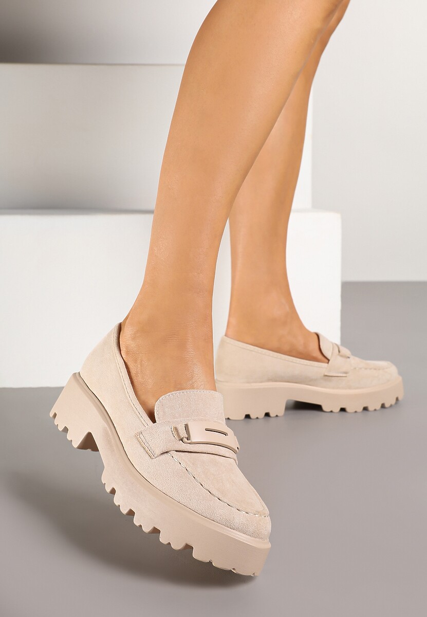 Beżowe Mokasyny na Grubej Podeszwie z Cholewką z Przeszyciami Hamaira