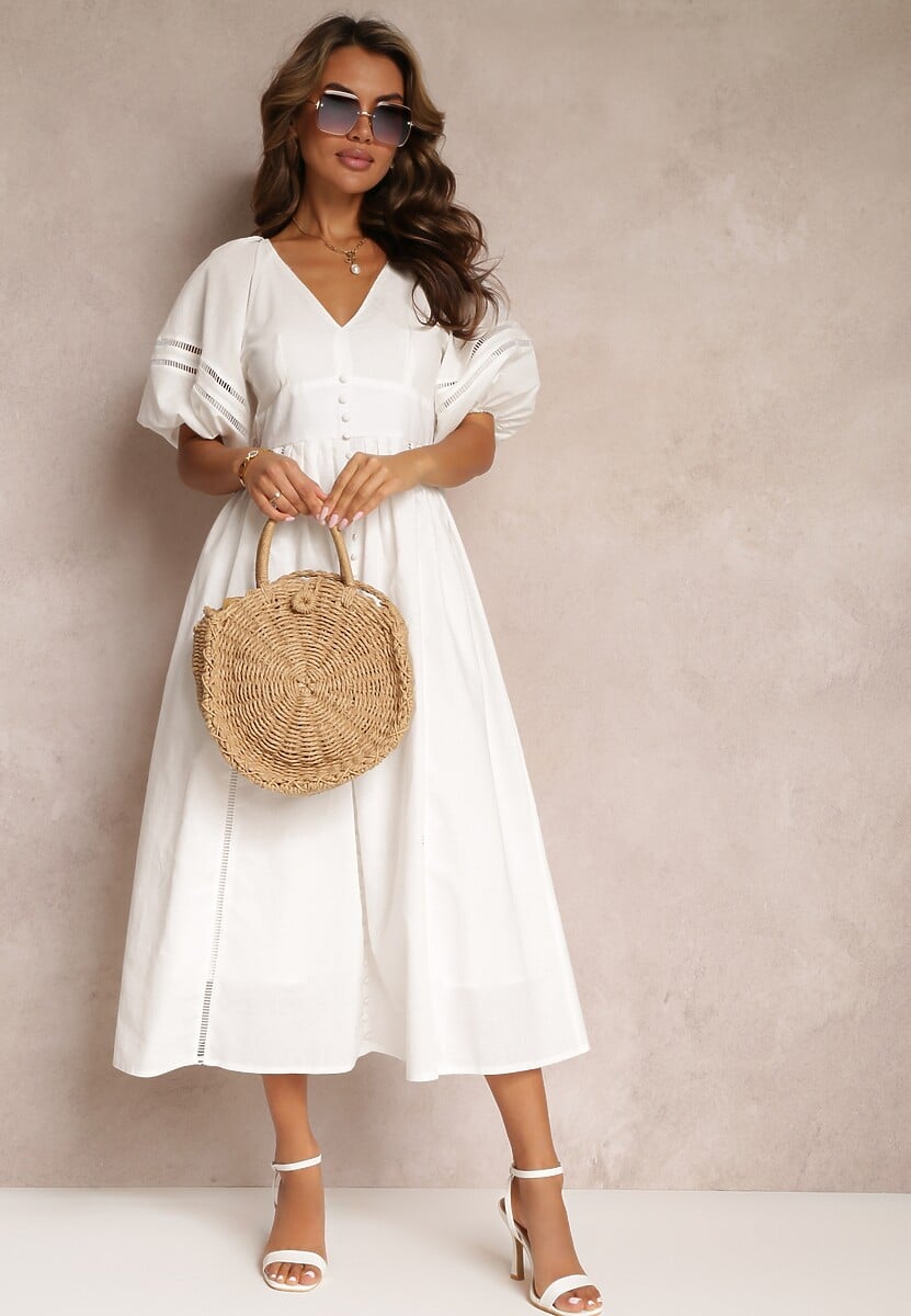 Biała Rozkloszowana Sukienka Maxi z Ażurowymi Wstawkami z Lnem i Bawełną Camya