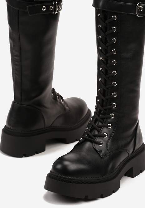 Czarne Sznurowane Kozaki na Platformie w Stylu Workerów z Paskami i Klamrami Asintoria