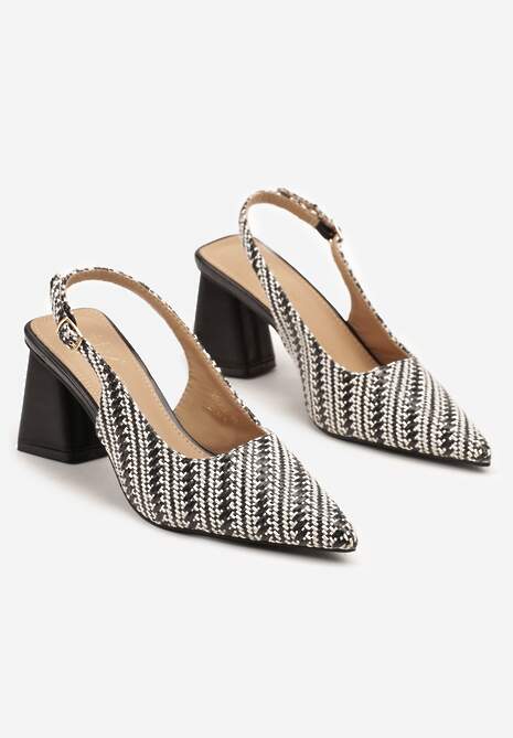 Czarne Tweedowe Sandały Slingback na Słupkowym Obcasie Taslia