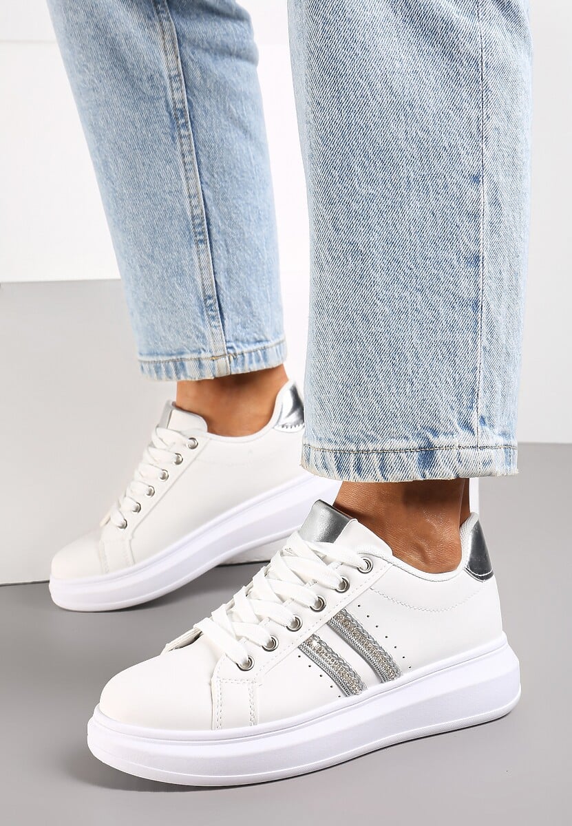 Biało-Srebrne Sznurowane Sneakersy z Imitacji Skóry Ozdobione Paskami z Cyrkoniami Isolinna