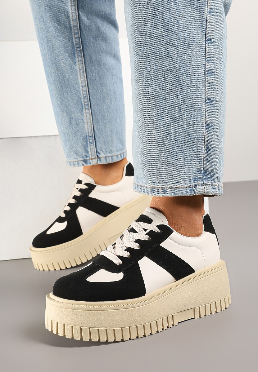 Czarno-Beżowe Sneakersy na Platformie Ozdobione Paskiem Vivesse