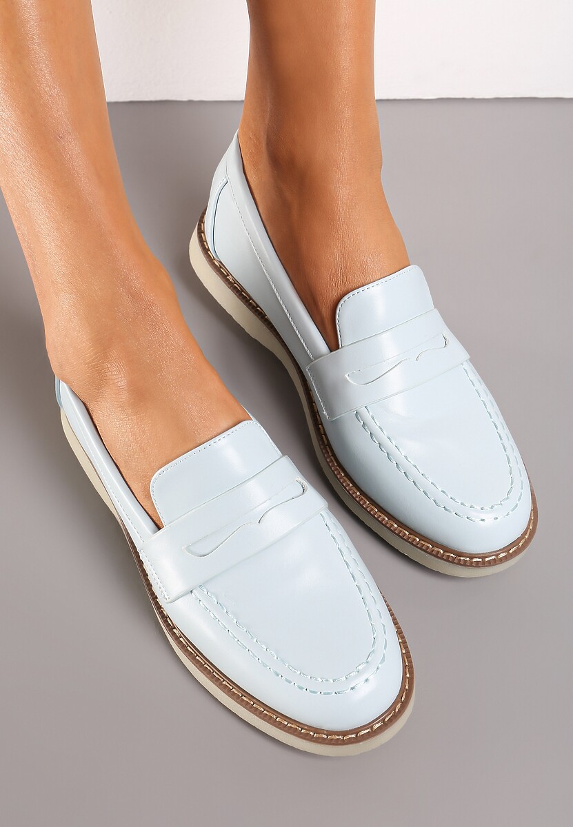 Niebieskie Klasyczne Mokasyny Ozdobione Wstawką i Przeszyciem Berdafa