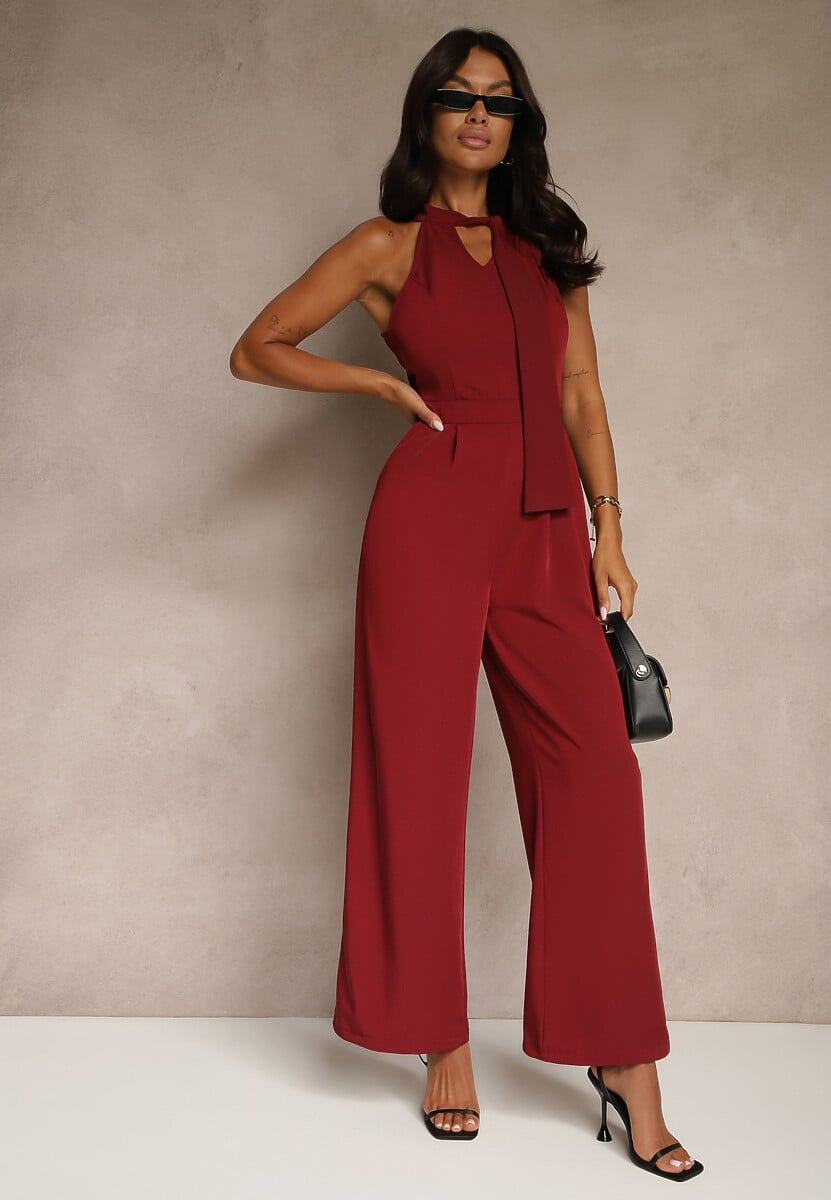 Bordowy Kombinezon Wide Leg z Ozdobnym Wiązaniem przy Szyi Silelia