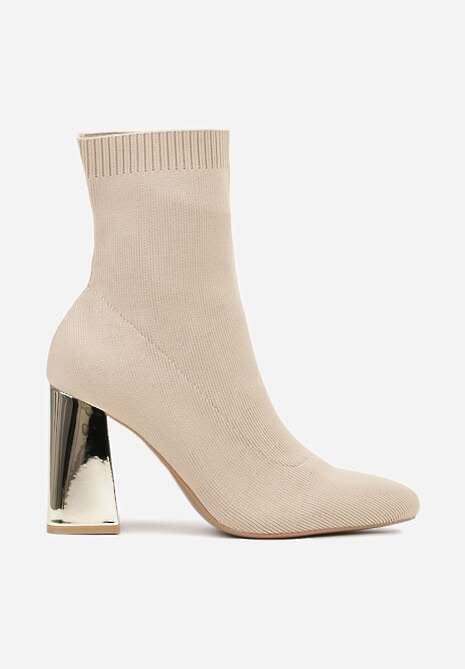 Ciemnobeżowe Skarpetkowe Botki VICES na Słupku w Eleganckim Stylu Rarana