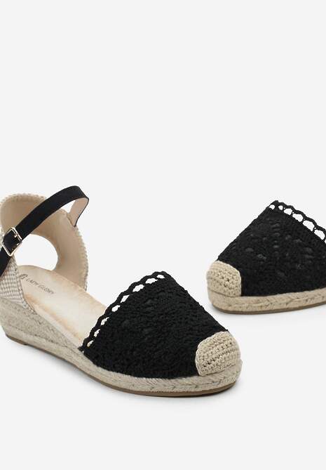 Czarne Sandały w Stylu Espadryli na Koturnie z Plecionką i Ażurowym Noskiem Bellisae
