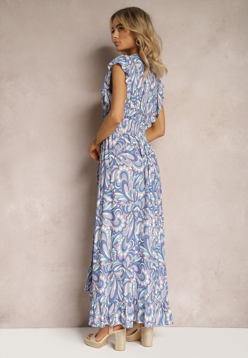 Niebieska Sukienka Boho z Gumką w Pasie i Asymetrycznym Dołem z Wiskozy Anorissa